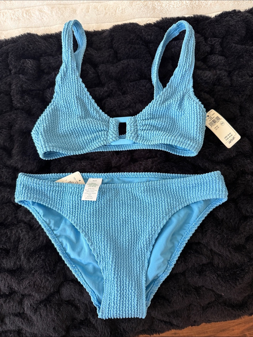 aerie Textured Sky Blue Bikini Bralette & Classic Bottom